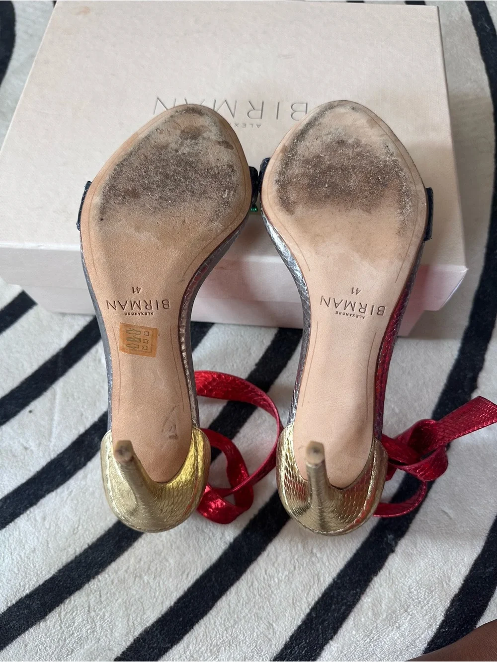 Alexandre Birman Metallic Silver Heels with Red & Green Bows